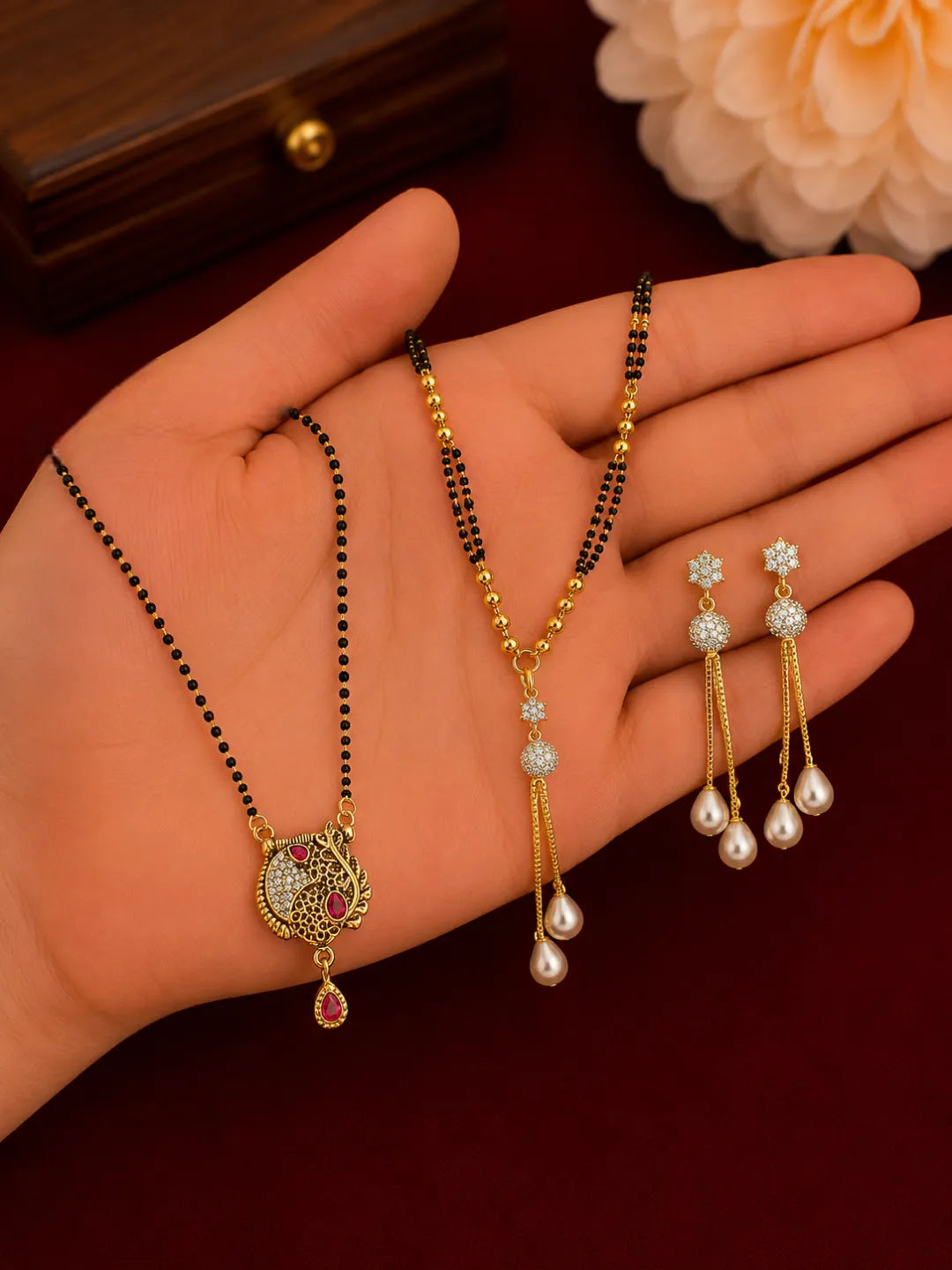 Set Of 2 Black Beaded Chain Mangalsutra With Earrings