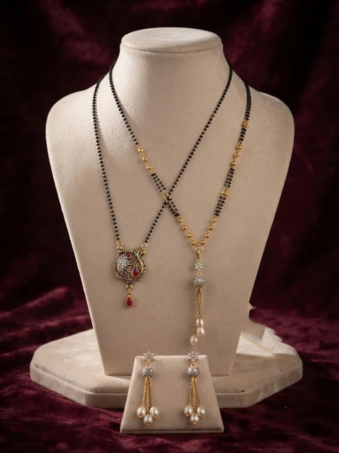 Set Of 2 Black Beaded Chain Mangalsutra With Earrings