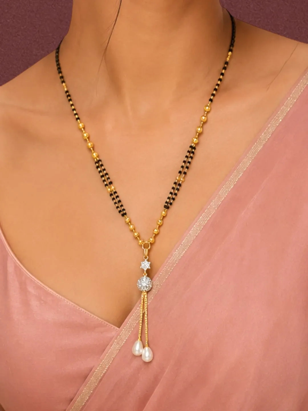 Set Of 2 Black Beaded Chain Mangalsutra With Earrings