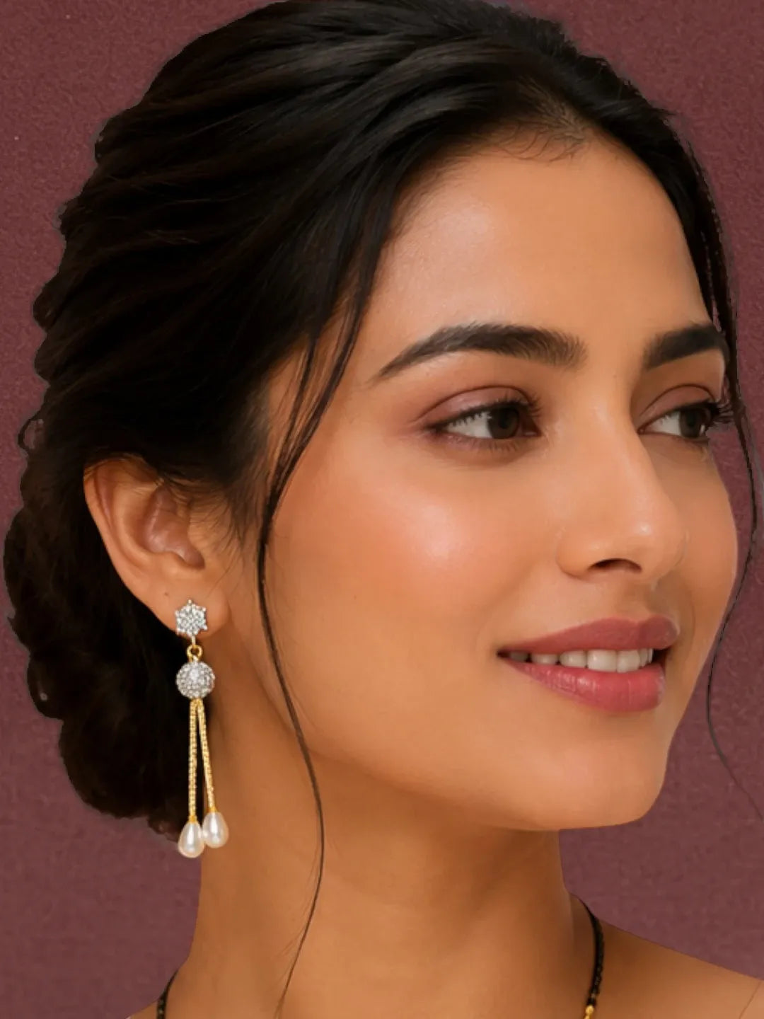 Set Of 2 Black Beaded Chain Mangalsutra With Earrings