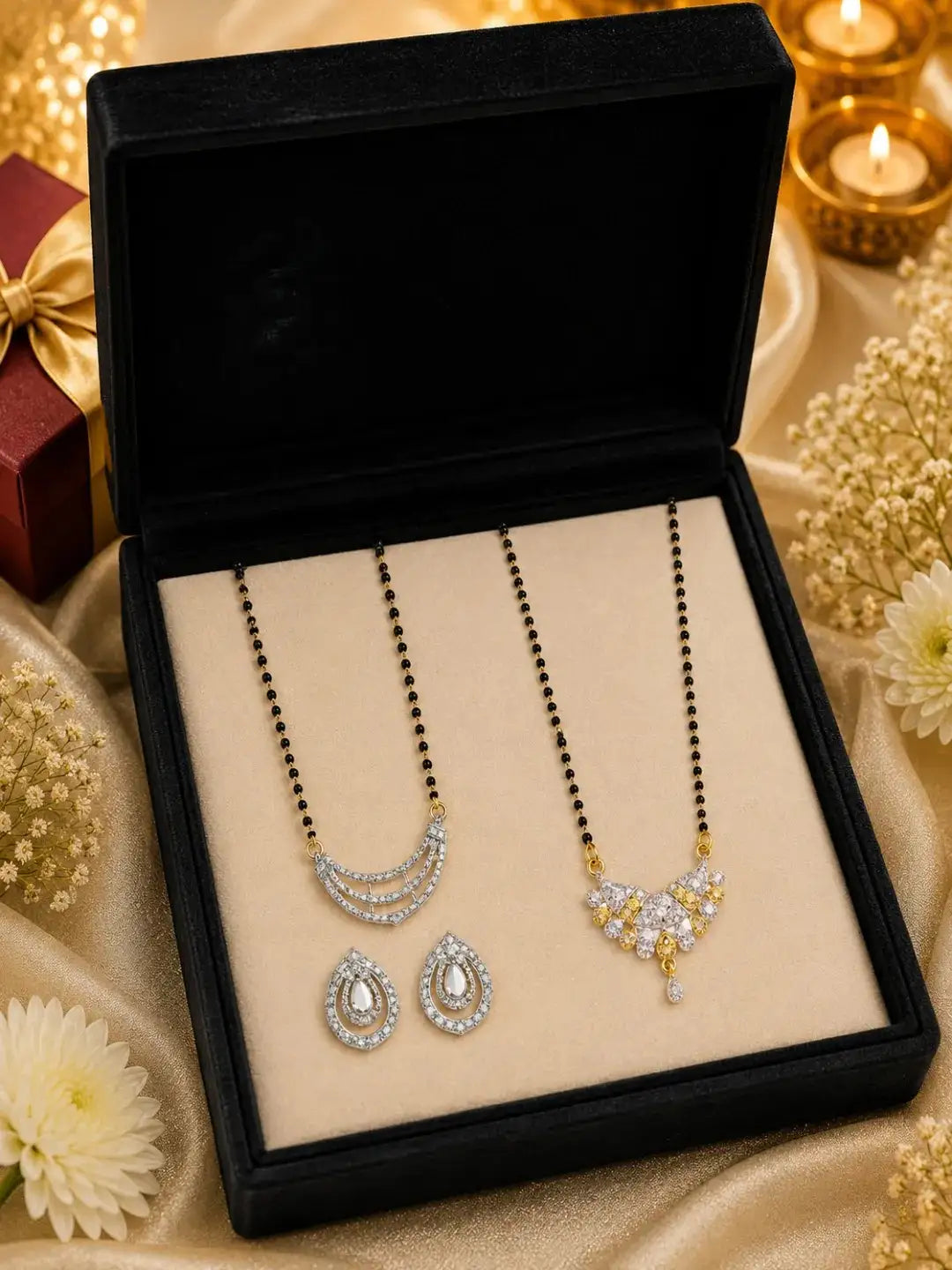 Set Of 2 Black Beaded Chain With Diamond Crystal Earrings