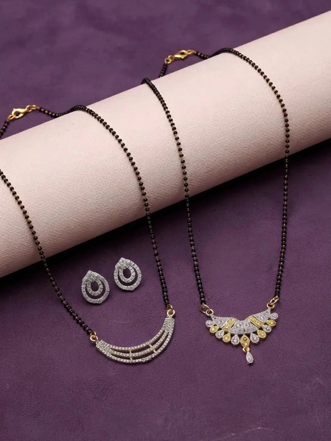 Set Of 2 Black Beaded Chain With Diamond Crystal Earrings