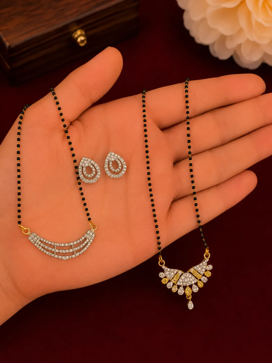 Set Of 2 Black Beaded Chain With Diamond Crystal Earrings