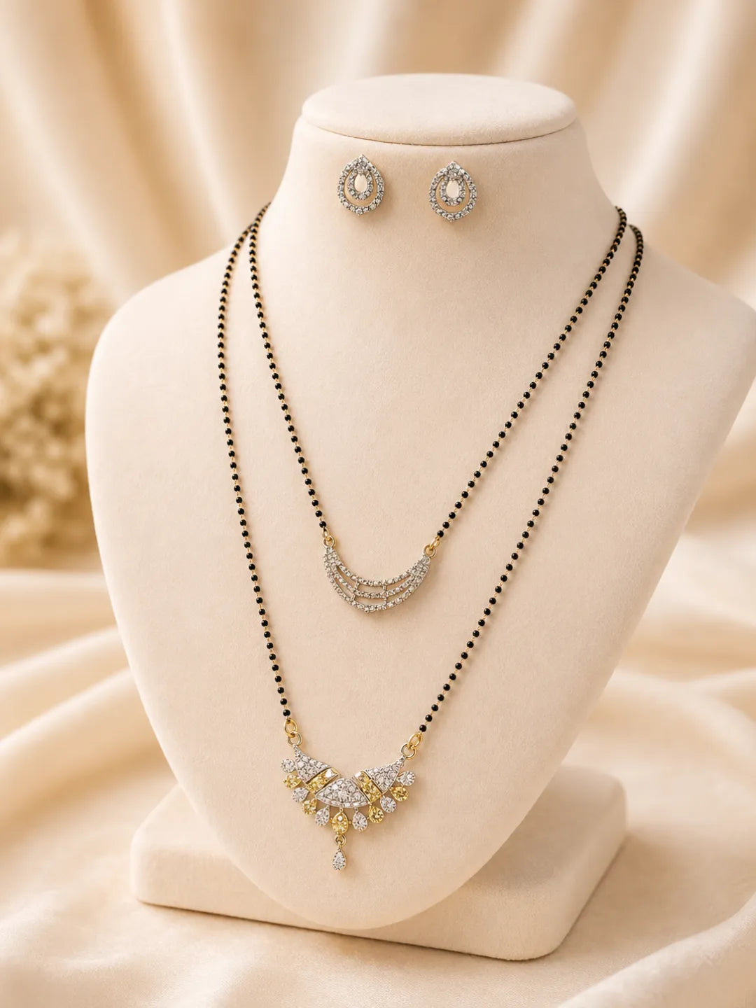 Set Of 2 Black Beaded Chain With Diamond Crystal Earrings