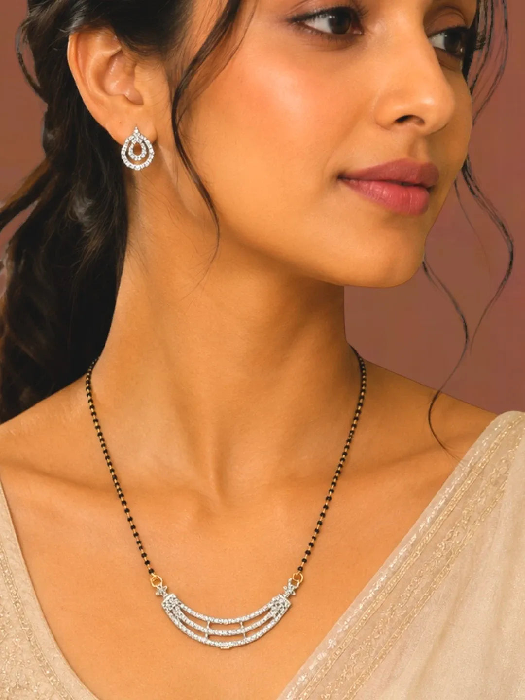 Set Of 2 Black Beaded Chain With Diamond Crystal Earrings