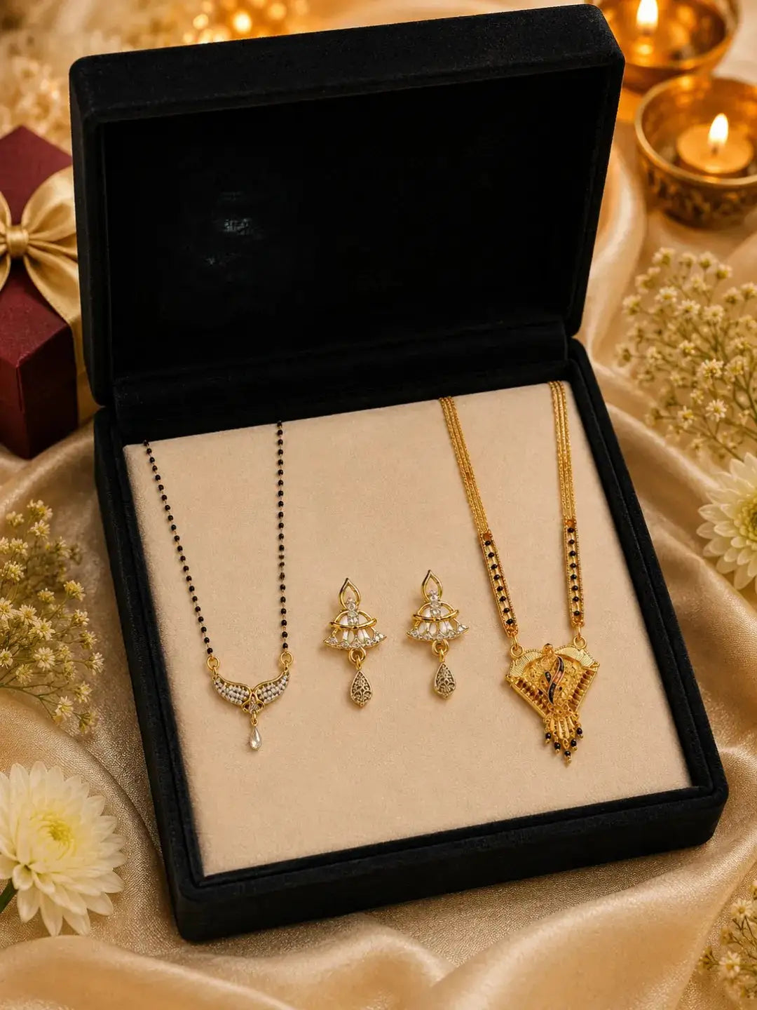 Set Of 2 Gold Plated & Black Beads Chain Mangalsutra Earrings