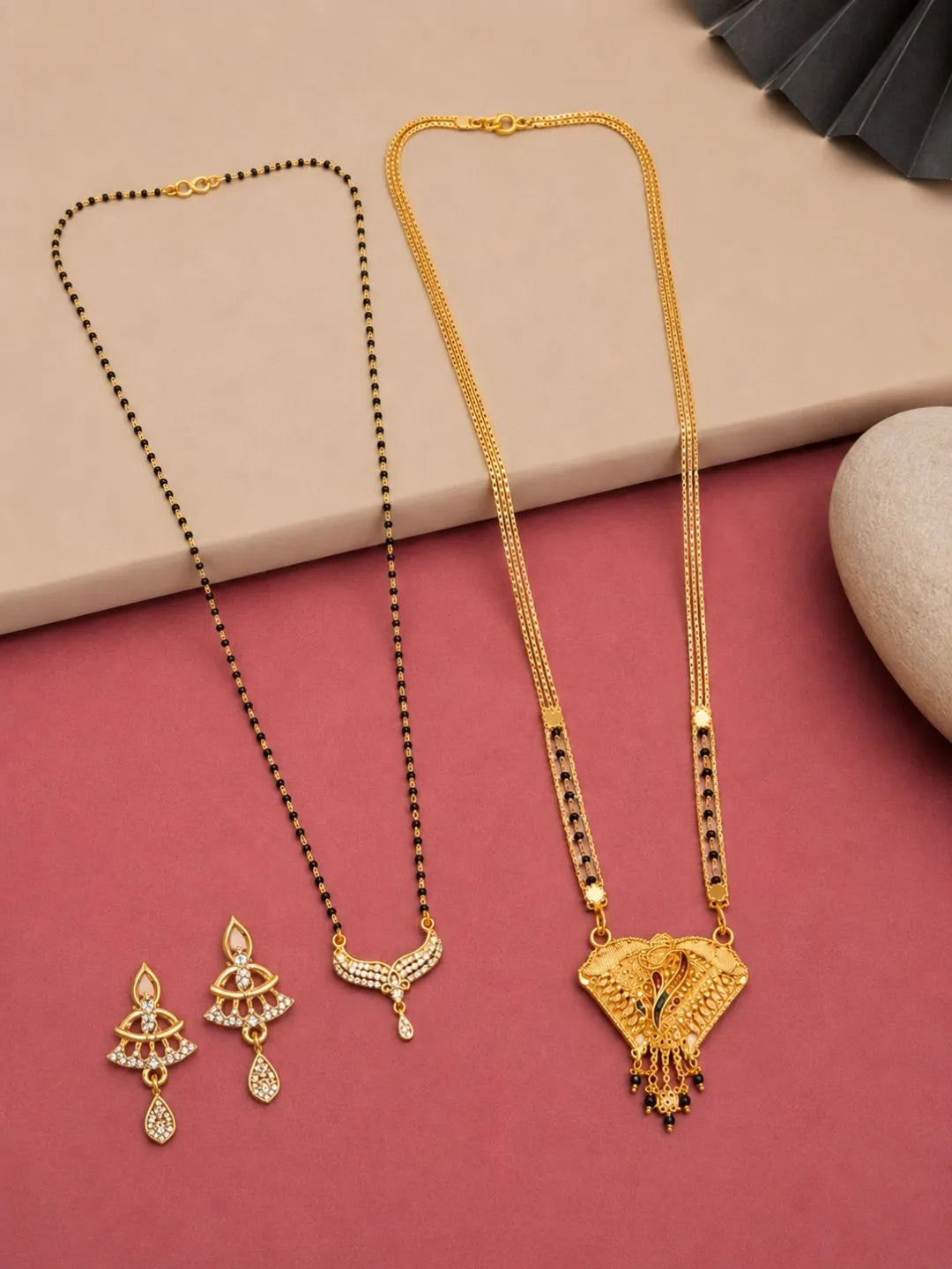 Set Of 2 Gold Plated & Black Beads Chain Mangalsutra Earrings