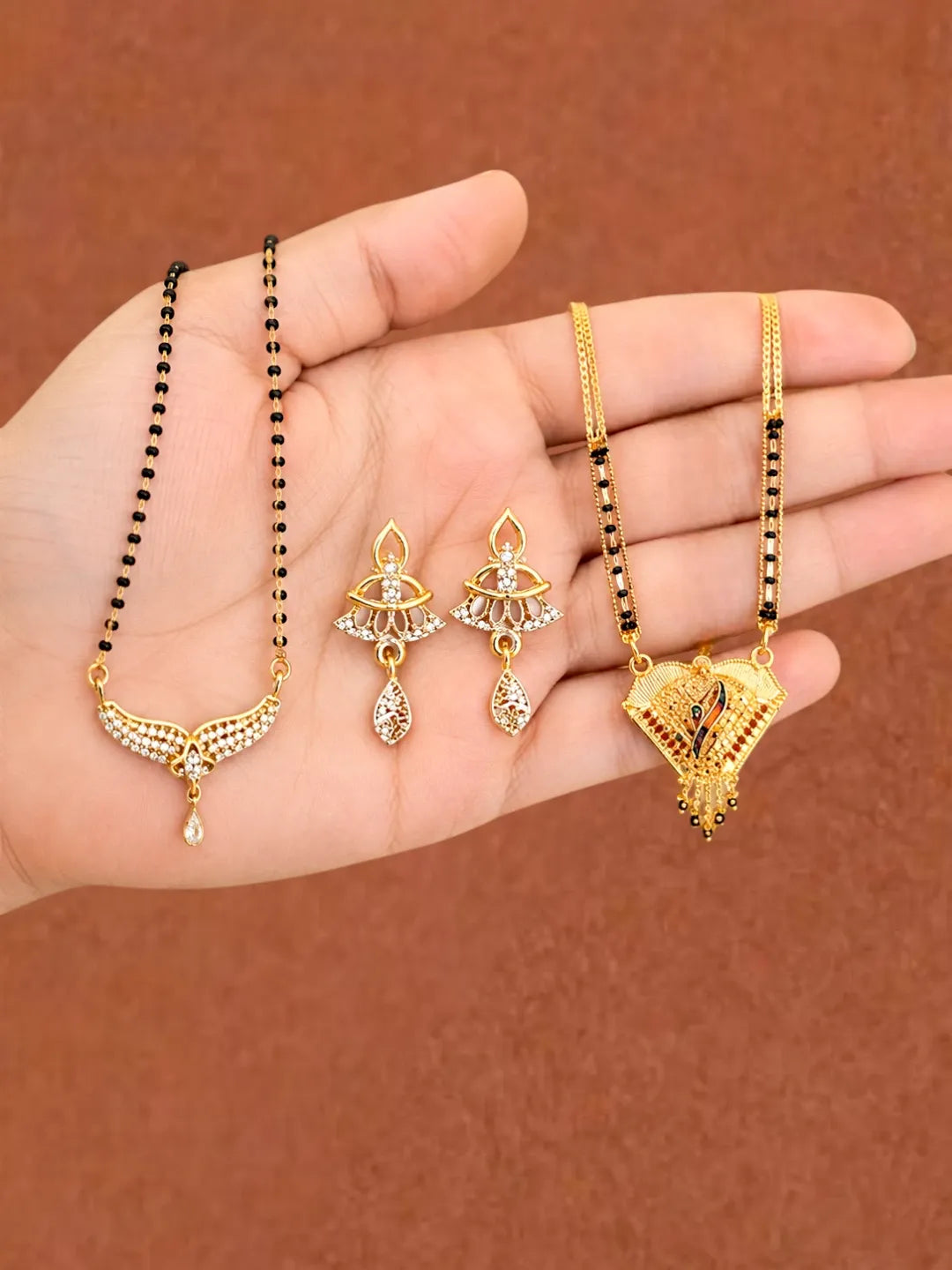 Set Of 2 Gold Plated & Black Beads Chain Mangalsutra Earrings