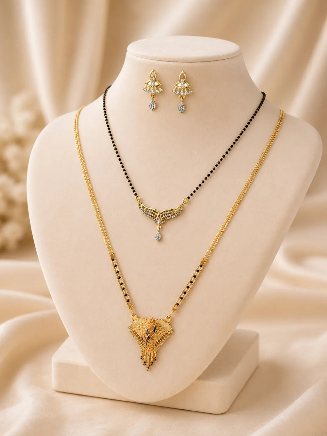 Set Of 2 Gold Plated & Black Beads Chain Mangalsutra Earrings