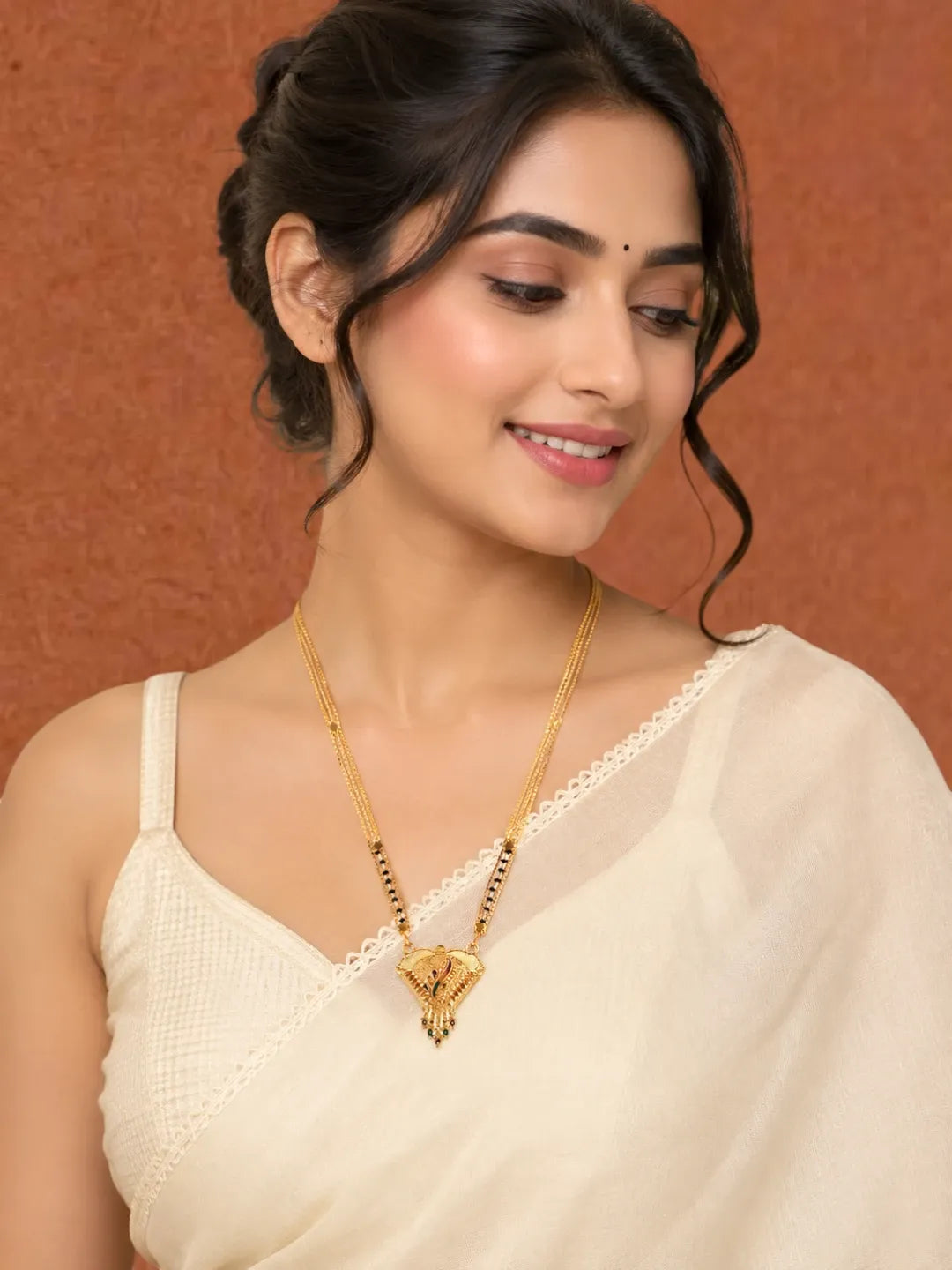 Set Of 2 Gold Plated & Black Beads Chain Mangalsutra Earrings