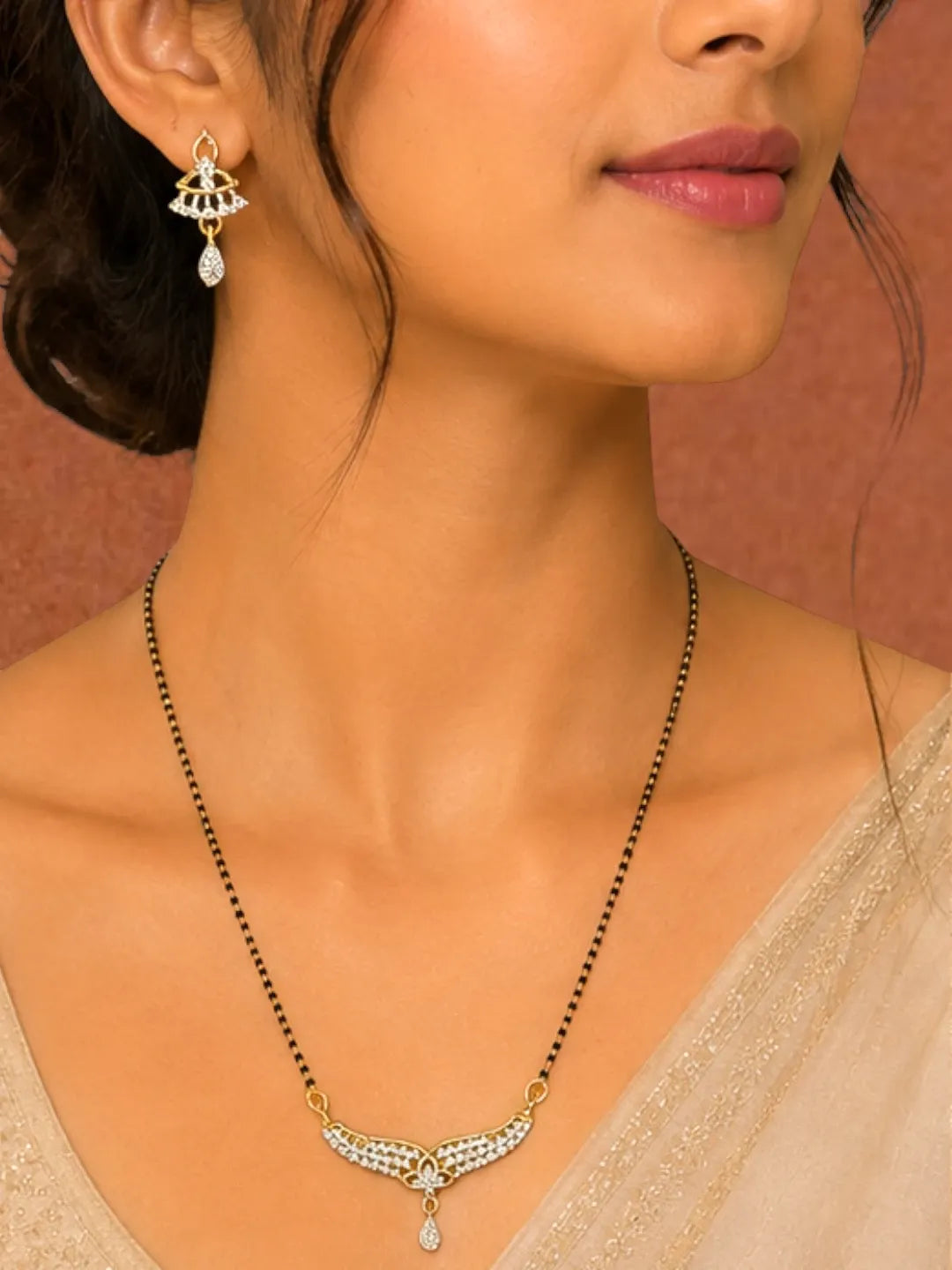 Set Of 2 Gold Plated & Black Beads Chain Mangalsutra Earrings