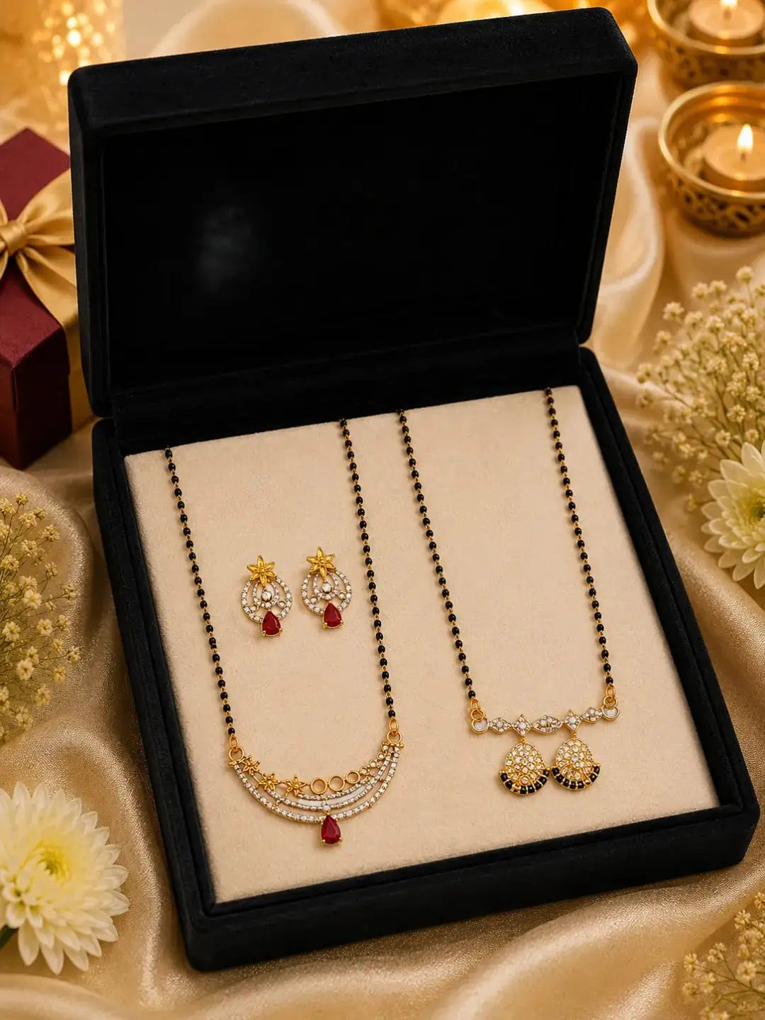 Set Of 2 Black Beads & Pink Stone Studded Chain Mangalsutra With Earrings