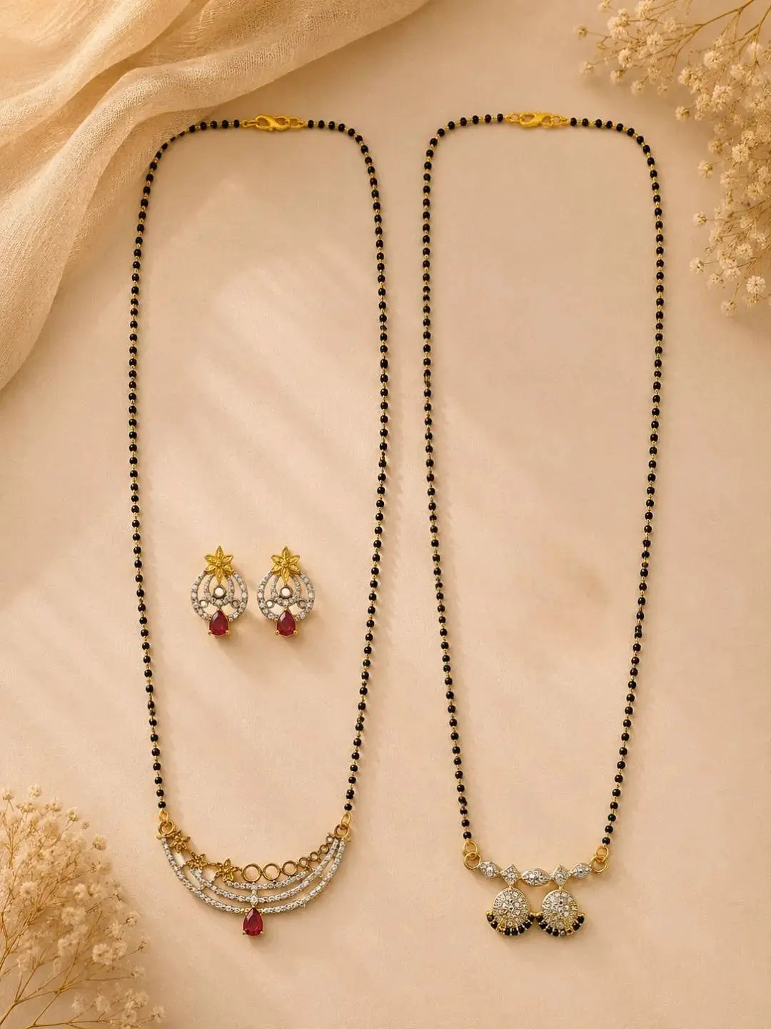 Set Of 2 Black Beads & Pink Stone Studded Chain Mangalsutra With Earrings