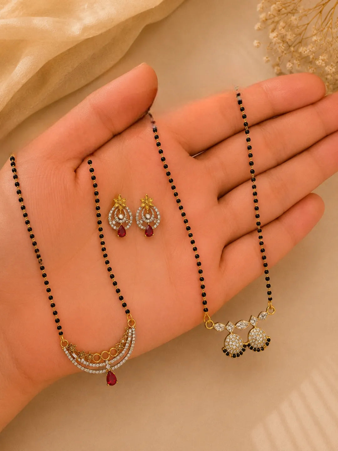 Set Of 2 Black Beads & Pink Stone Studded Chain Mangalsutra With Earrings