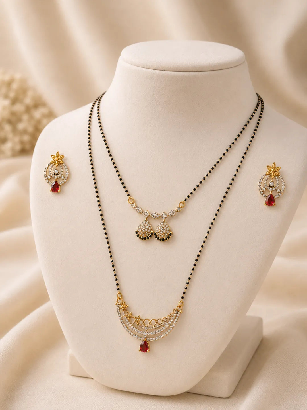 Set Of 2 Black Beads & Pink Stone Studded Chain Mangalsutra With Earrings