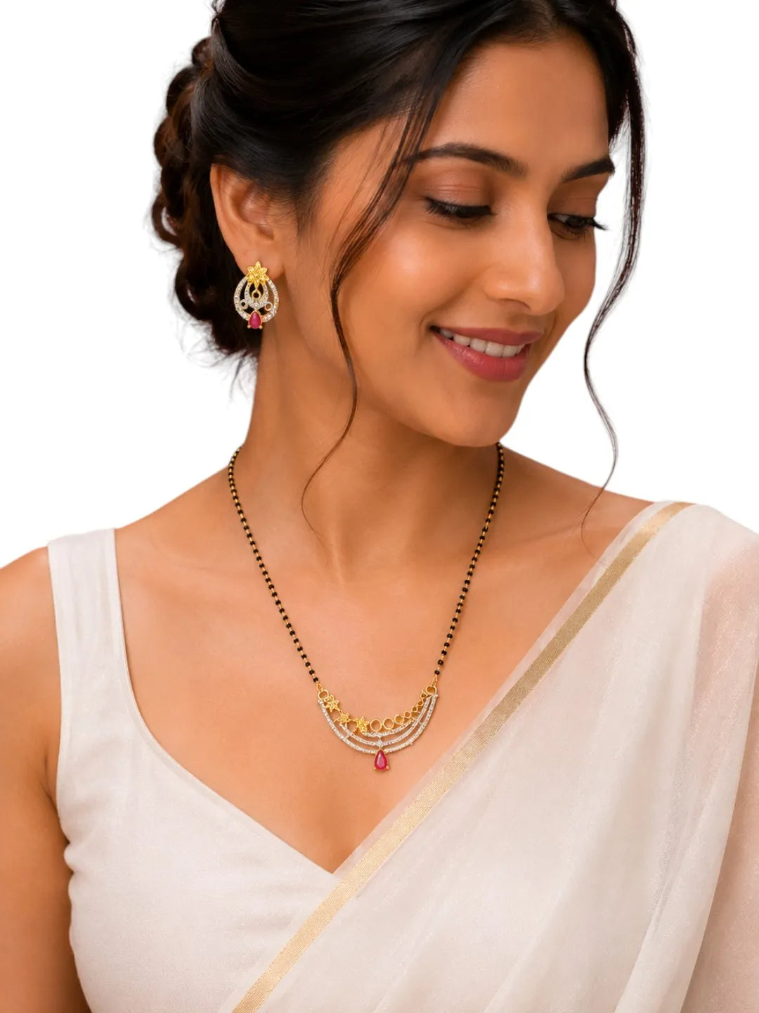 Set Of 2 Black Beads & Pink Stone Studded Chain Mangalsutra With Earrings