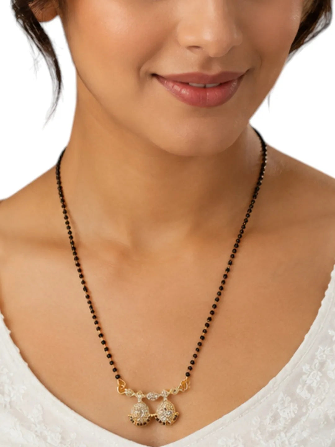 Set Of 2 Black Beads & Pink Stone Studded Chain Mangalsutra With Earrings