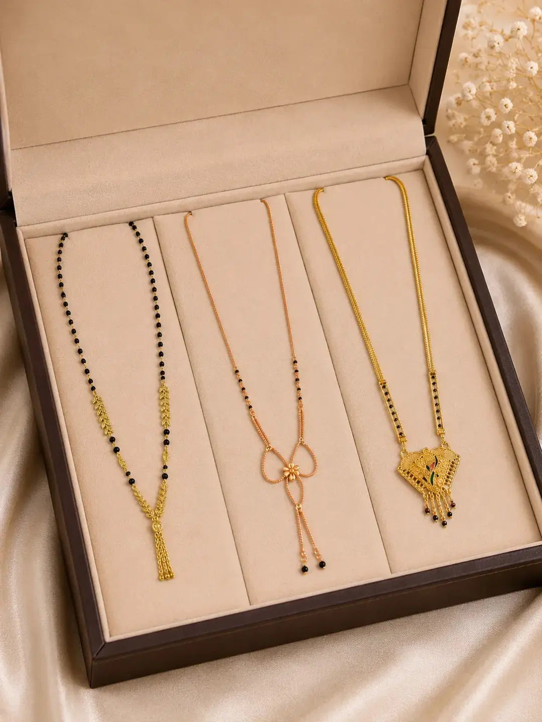Set Of 3 Gold Plated & Black Beads Chain Mangalsutras