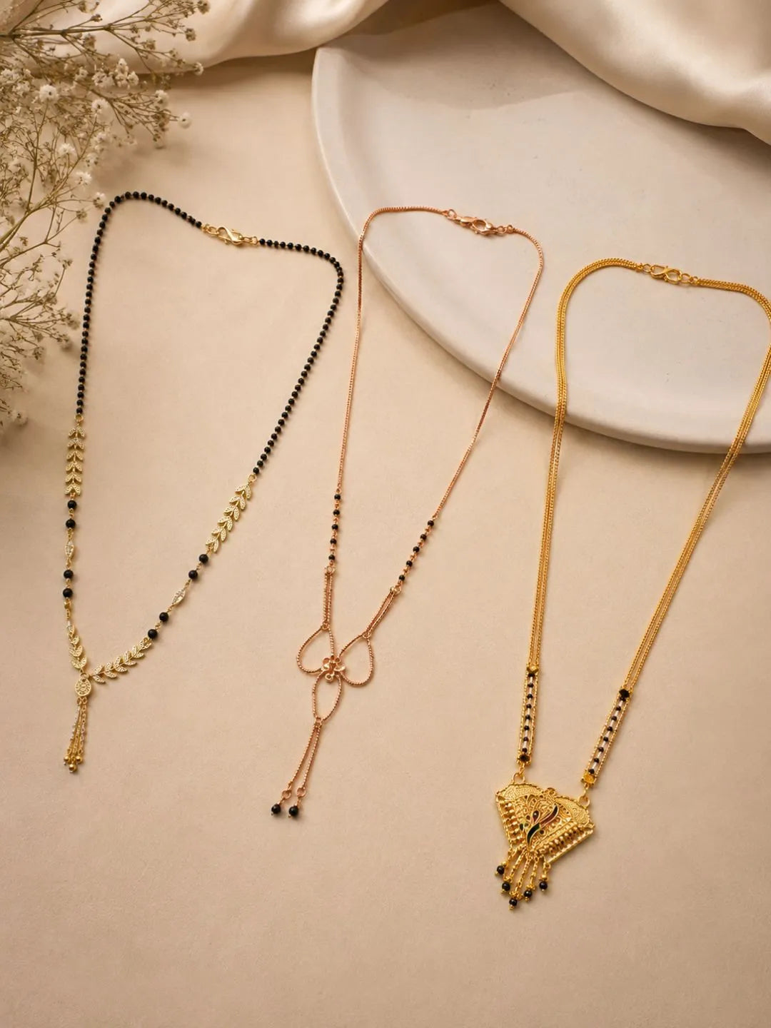 Set Of 3 Gold Plated & Black Beads Chain Mangalsutras