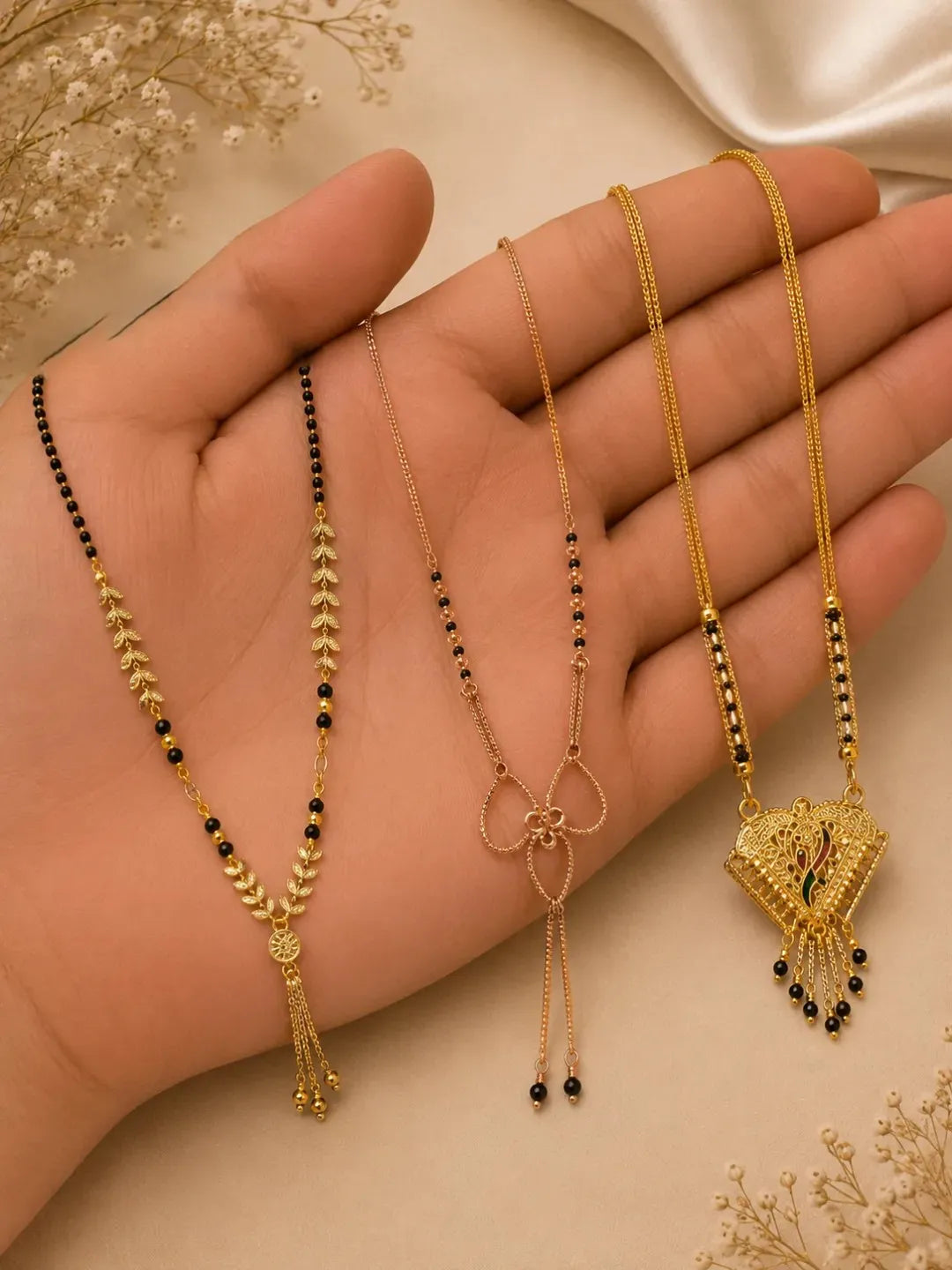 Set Of 3 Gold Plated & Black Beads Chain Mangalsutras