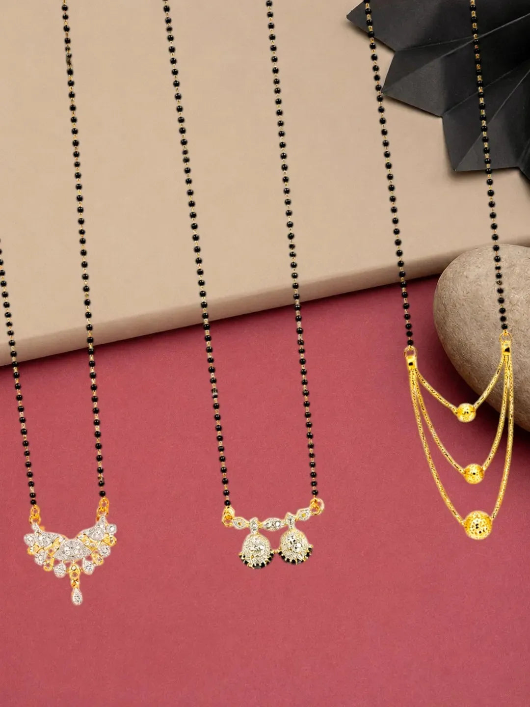 Set Of 3 Gold Plating & Stone Work Chain Mangalsutras