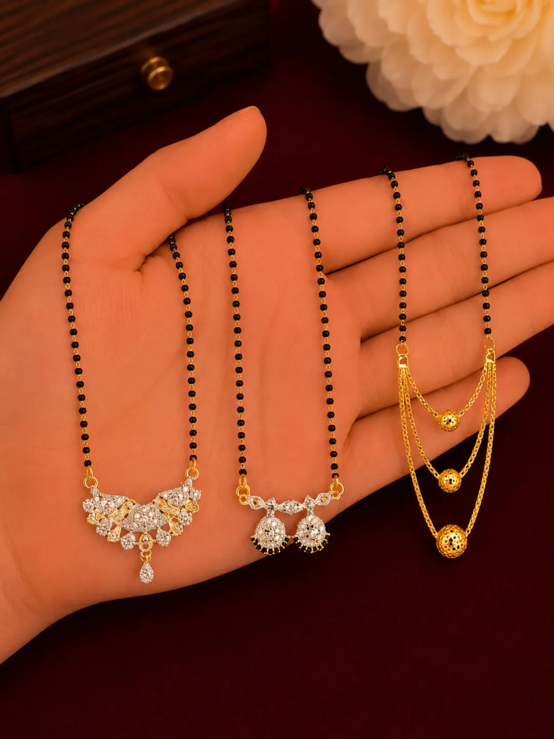 Set Of 3 Gold Plating & Stone Work Chain Mangalsutras