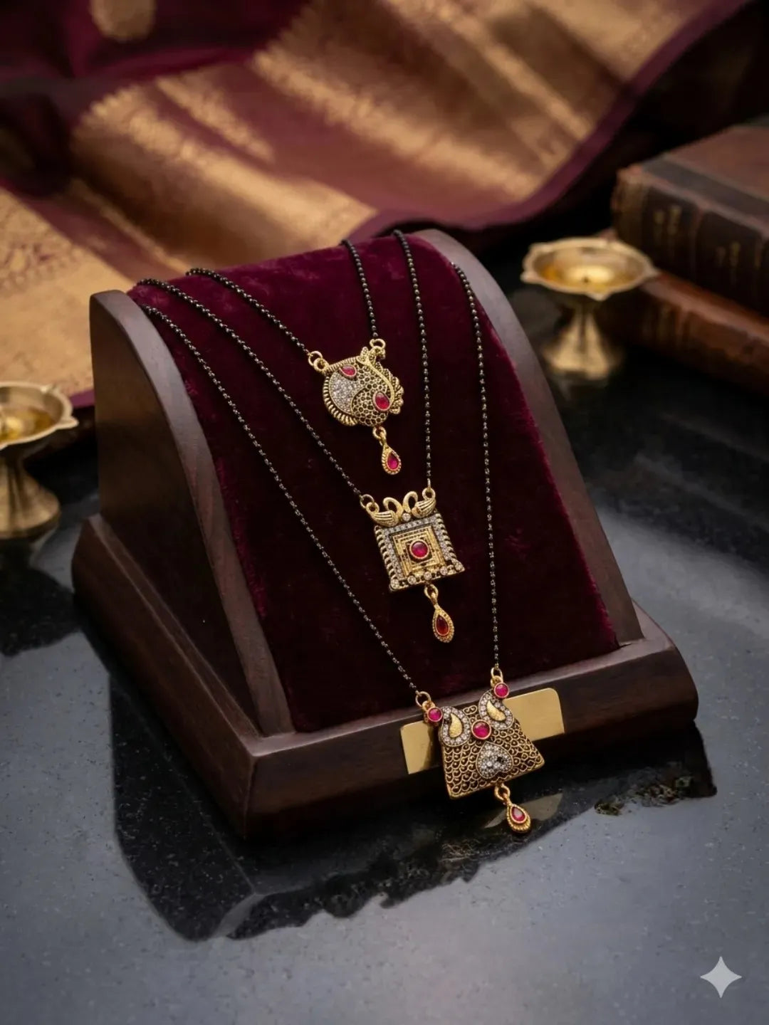 Set Of 3 Gold-Plated Black Beaded with Red Stone Studded