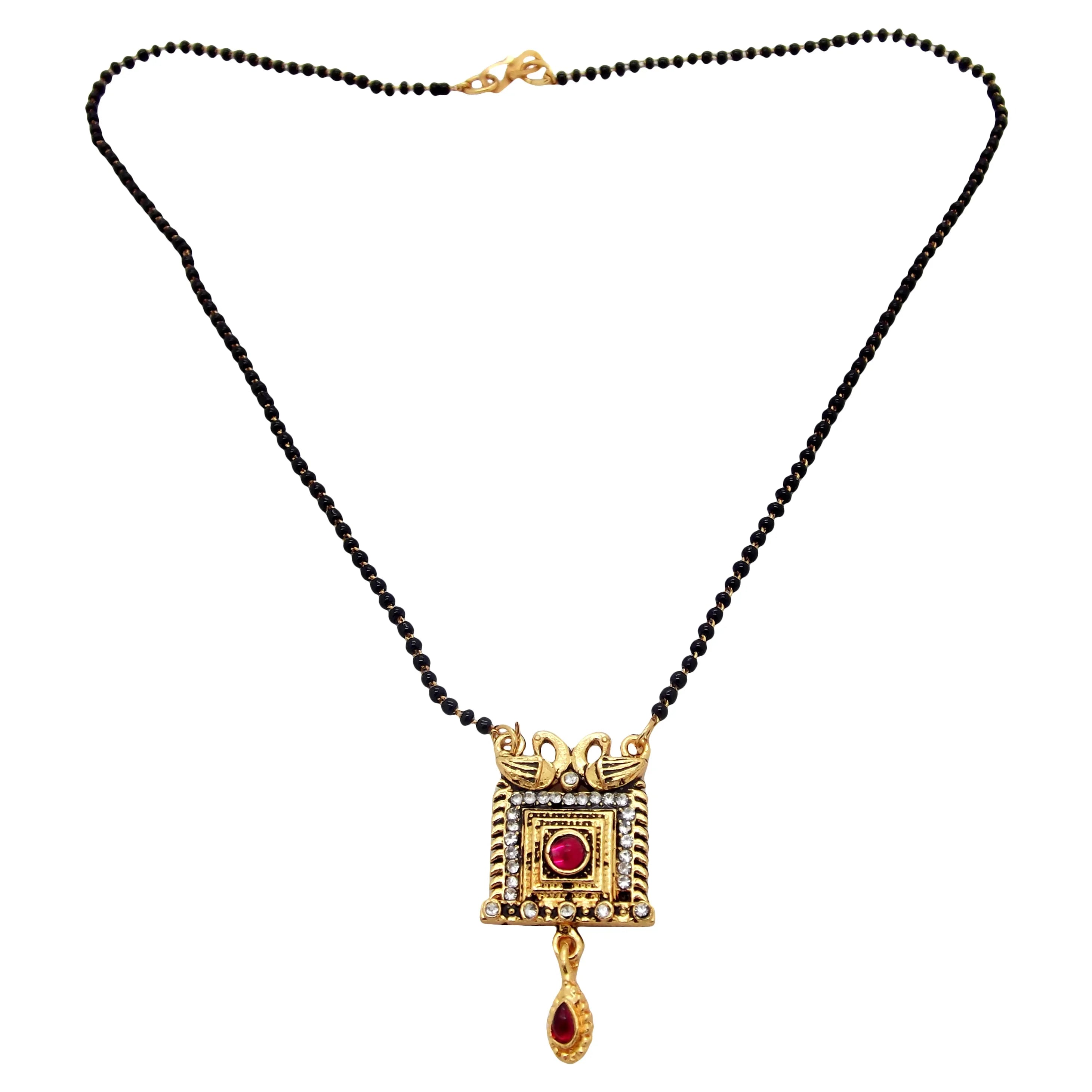 Set Of 3 Gold-Plated Black Beaded with Red Stone Studded