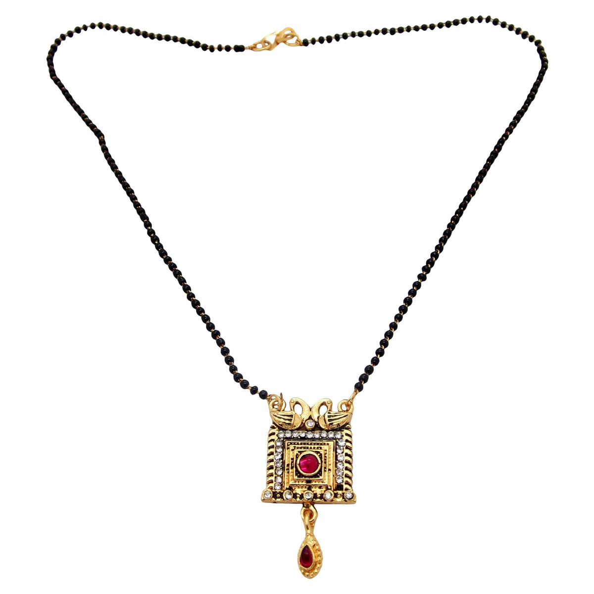 Set Of 3 Gold-Plated Black Beaded with Red Stone Studded