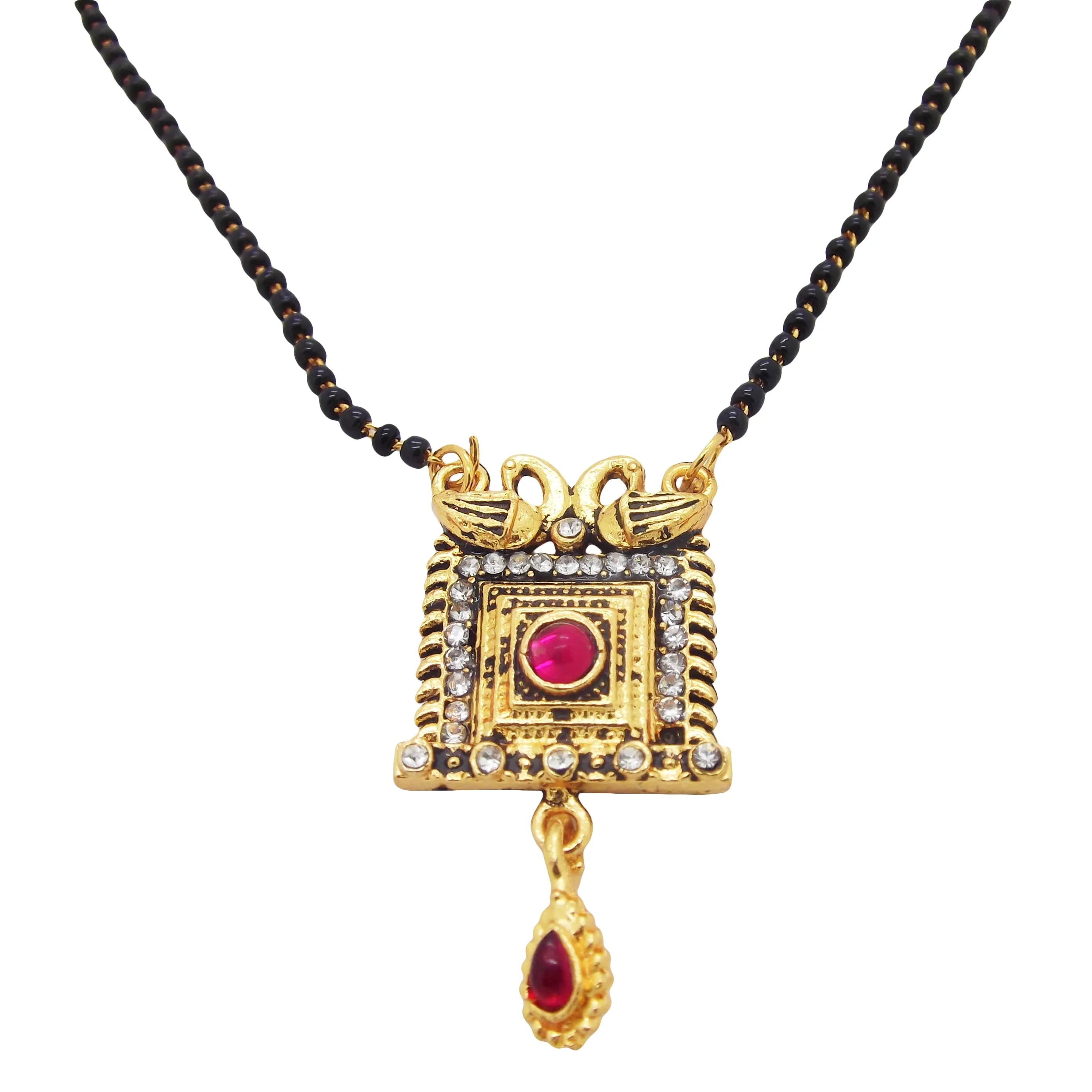Set Of 3 Gold-Plated Black Beaded with Red Stone Studded
