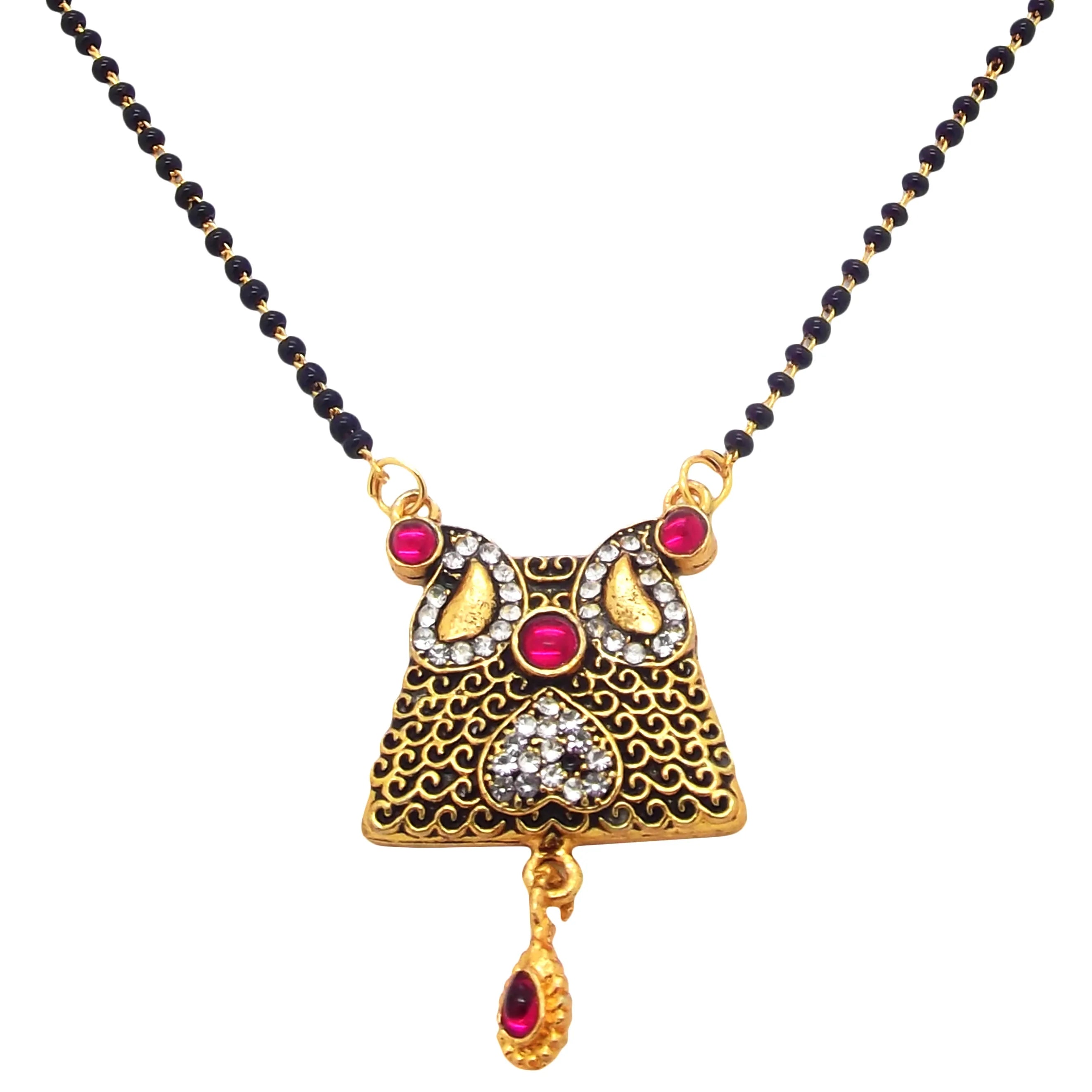Set Of 3 Gold-Plated Black Beaded with Red Stone Studded
