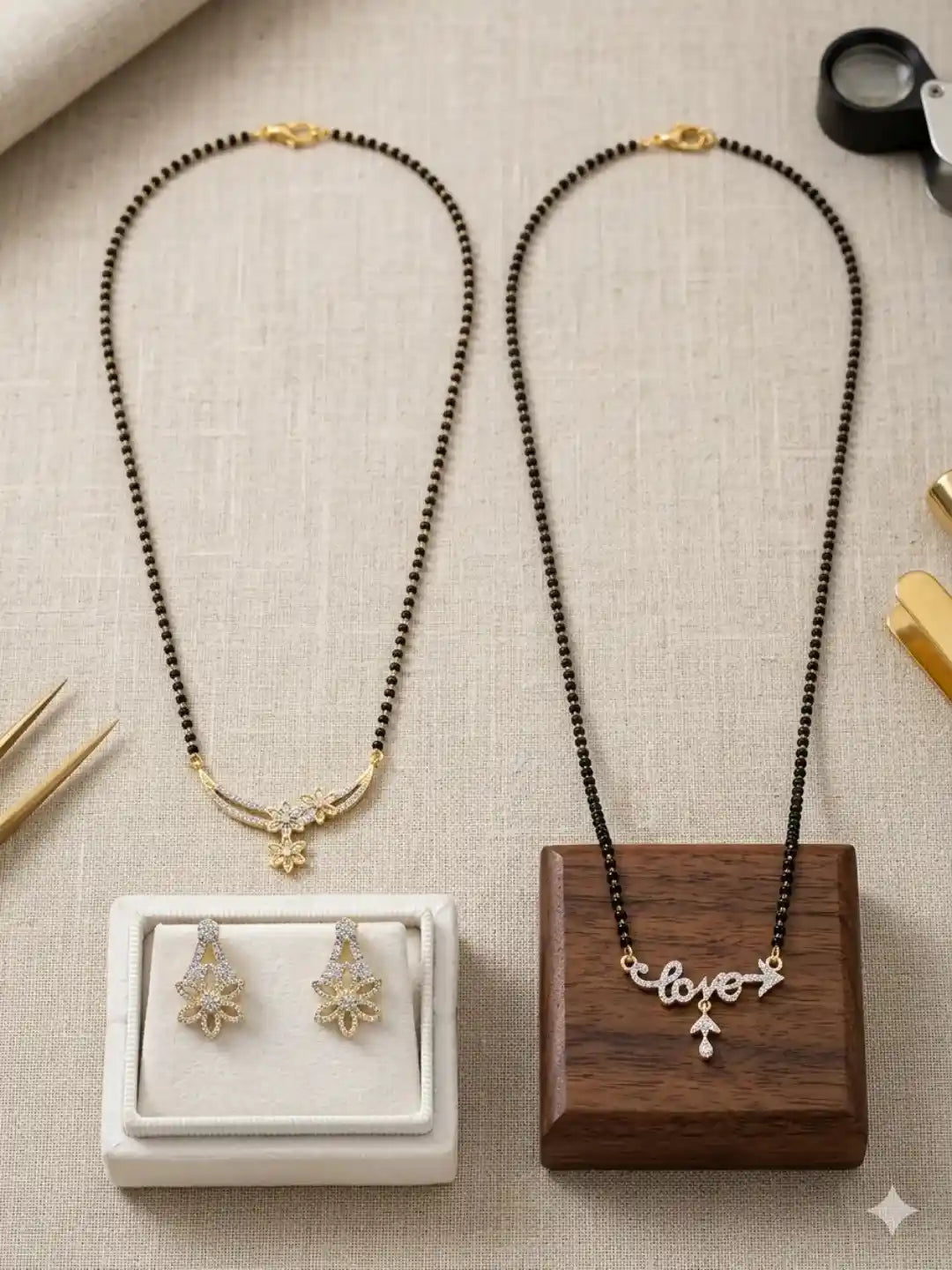 Set Of 2 Gold-Plated AD Studded Black Beaded Mangalsutra Set