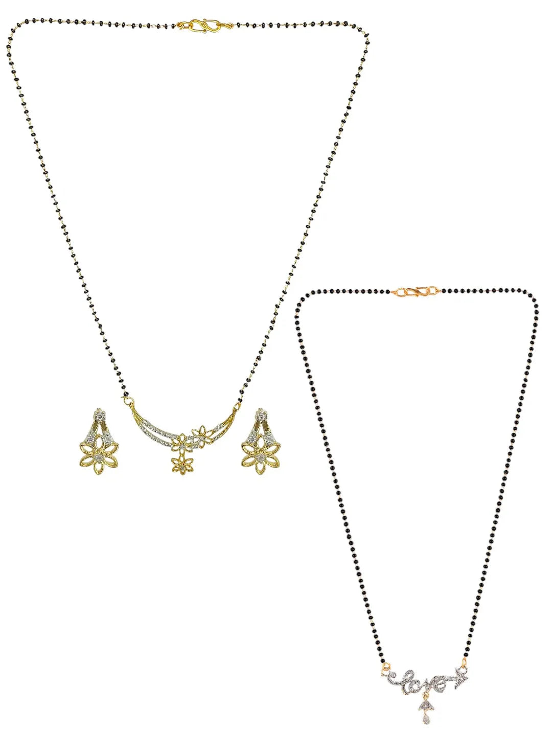 Set Of 2 Gold-Plated AD Studded Black Beaded Mangalsutra Set