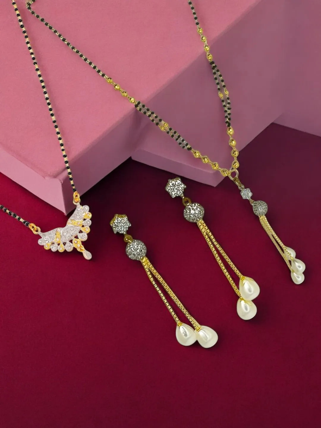 Set Of 2 Gold-Plated Stones Studded Dangling Mangalsutra