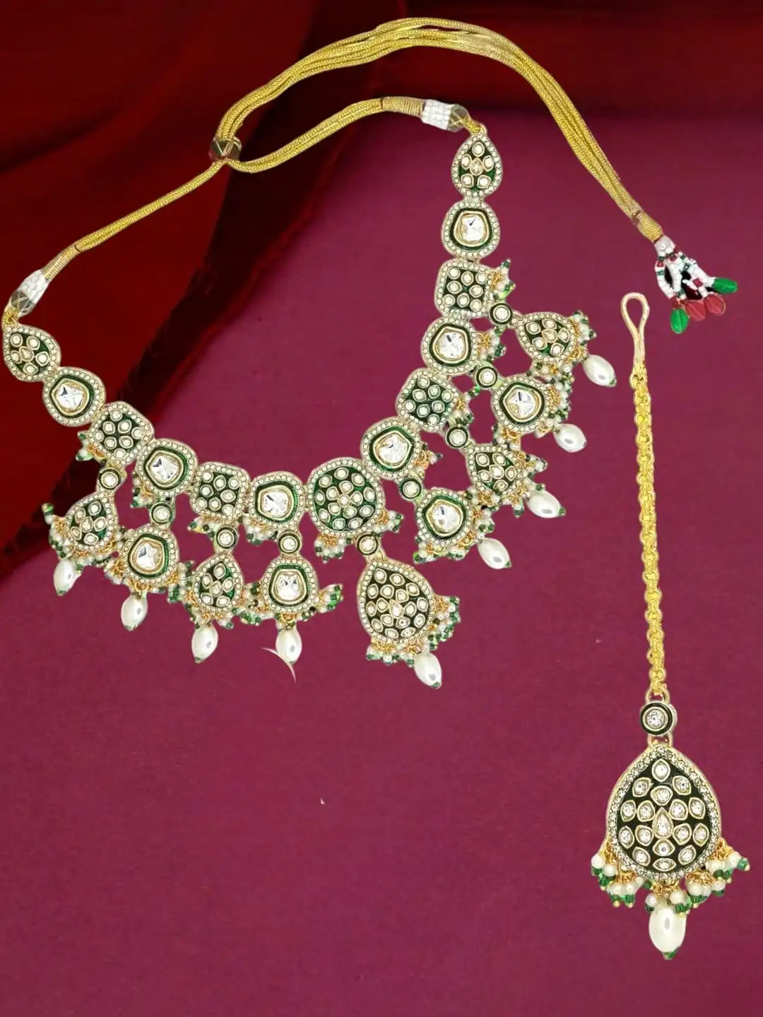 Gold Plated Kundan Green Necklace Set with Matching Maang Tikka