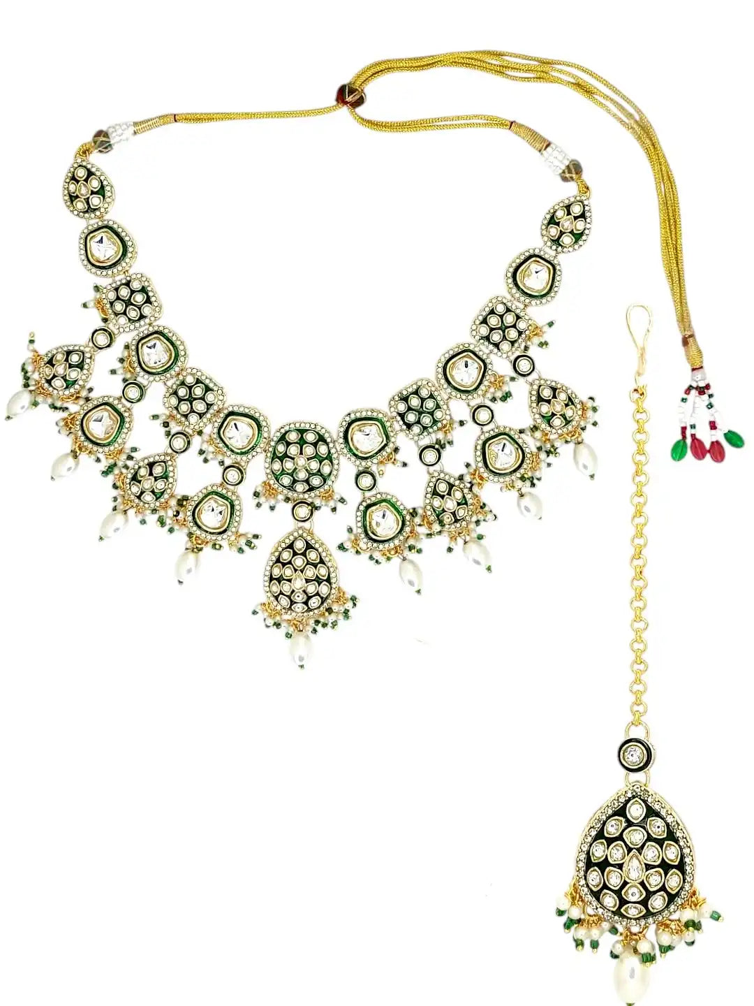 Gold Plated Kundan Green Necklace Set with Matching Maang Tikka