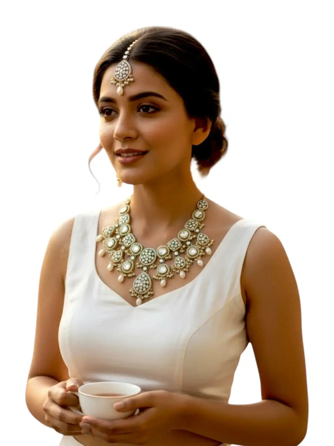 Gold Plated Kundan Green Necklace Set with Matching Maang Tikka