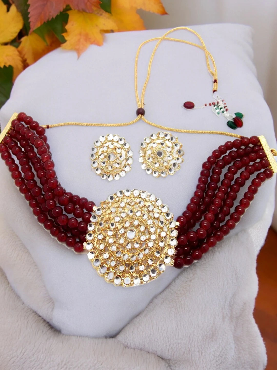 Maroon Beaded Choker Necklace Set