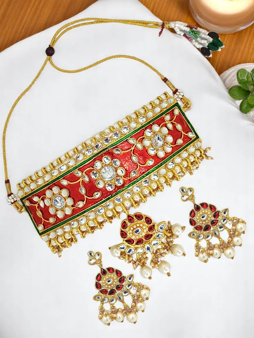 Gold-Plated Stones-Studded & Beaded Jewellery Set