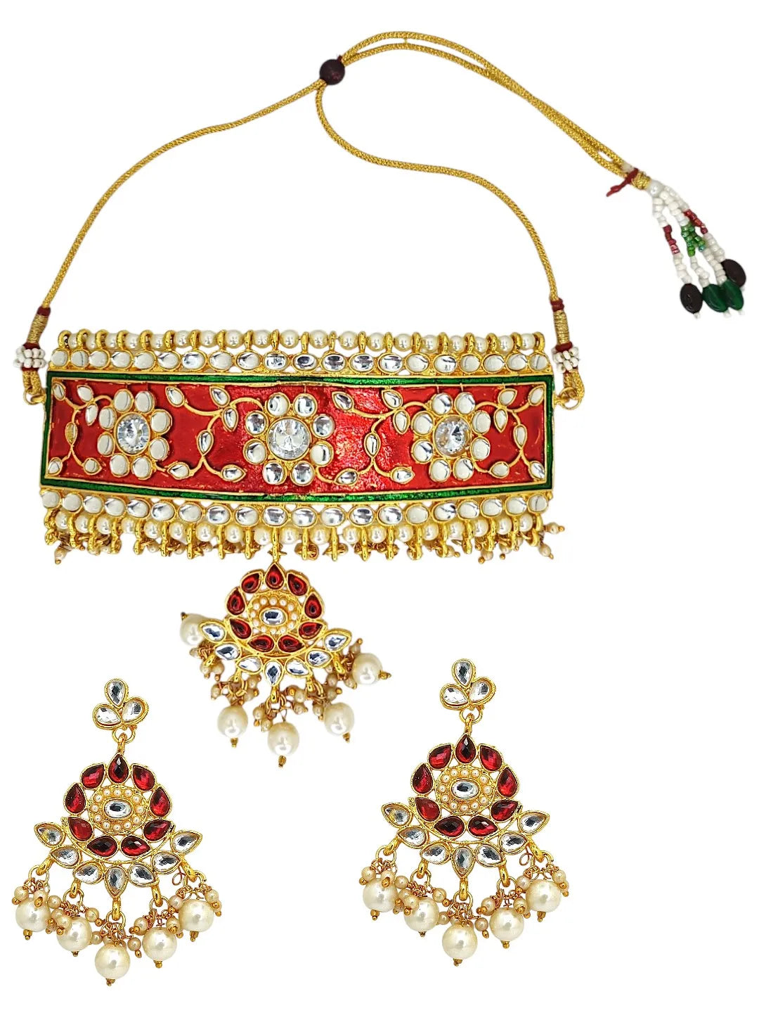 Gold-Plated Stones-Studded & Beaded Jewellery Set