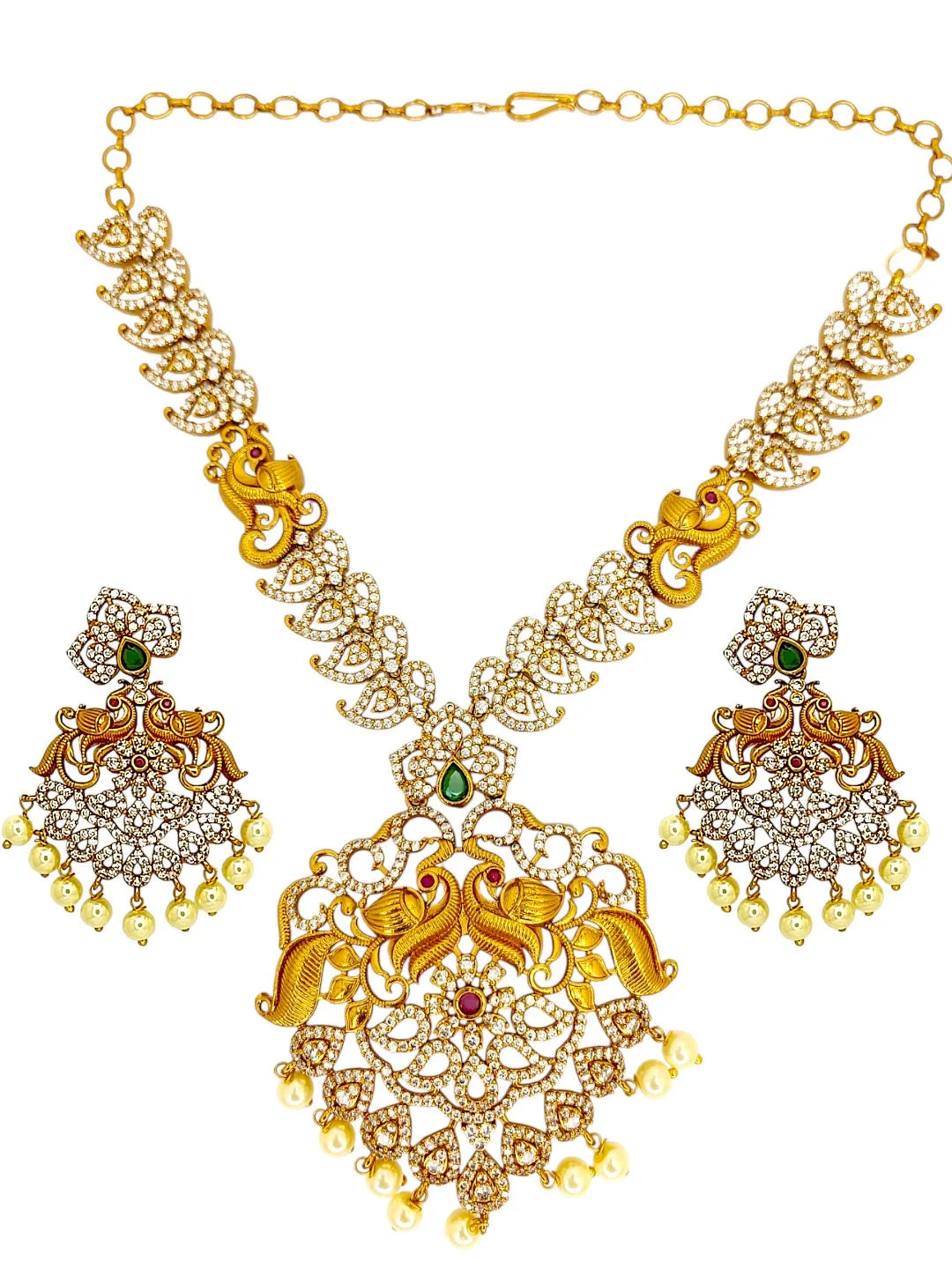Gold-Plated Cubic Zirconia-Studded & Beaded Jewellery Set