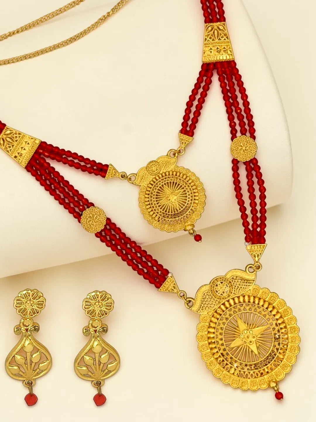 Gold-Plated Layered Beaded Necklace and Earrings