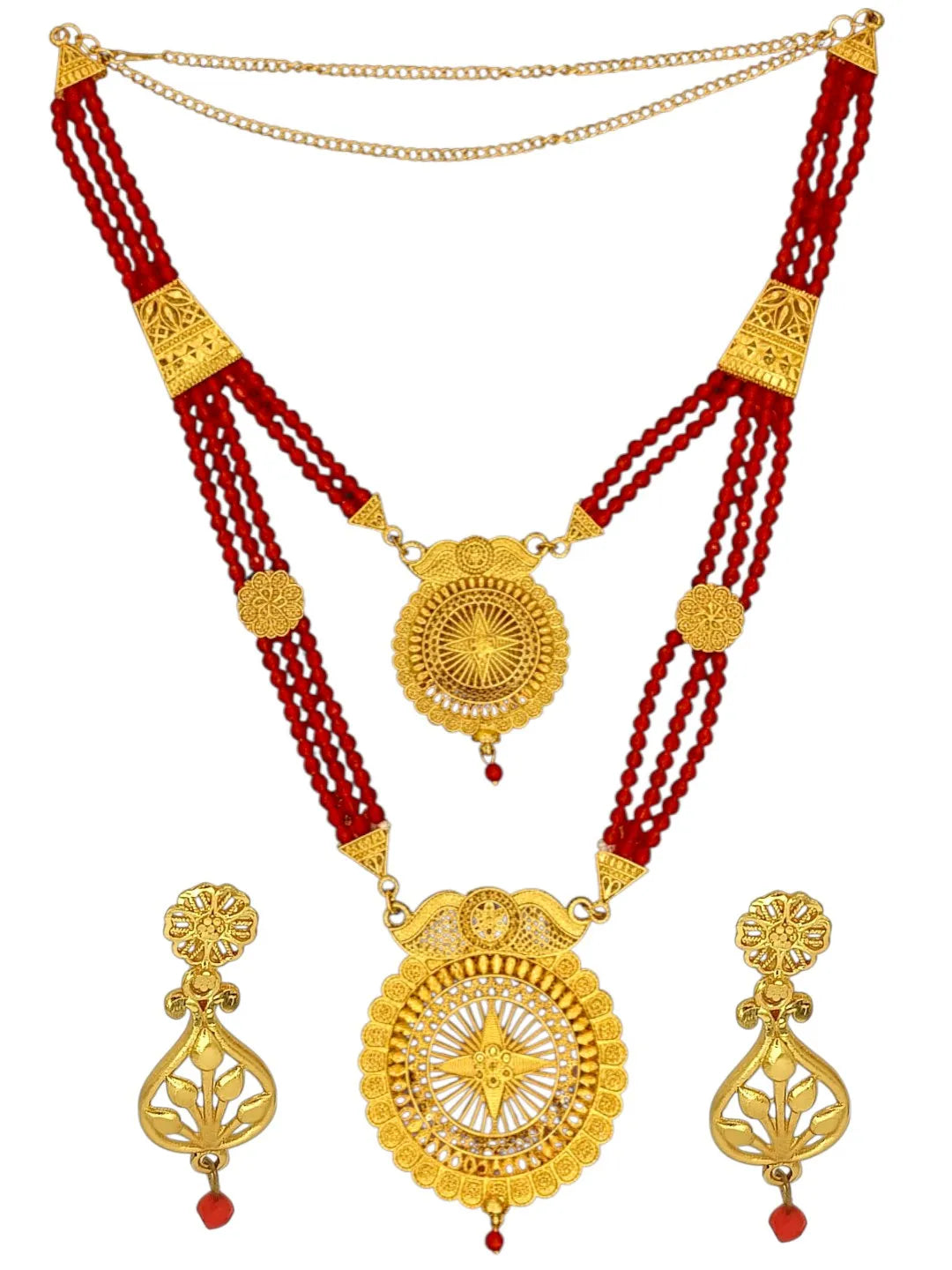 Gold-Plated Layered Beaded Necklace and Earrings