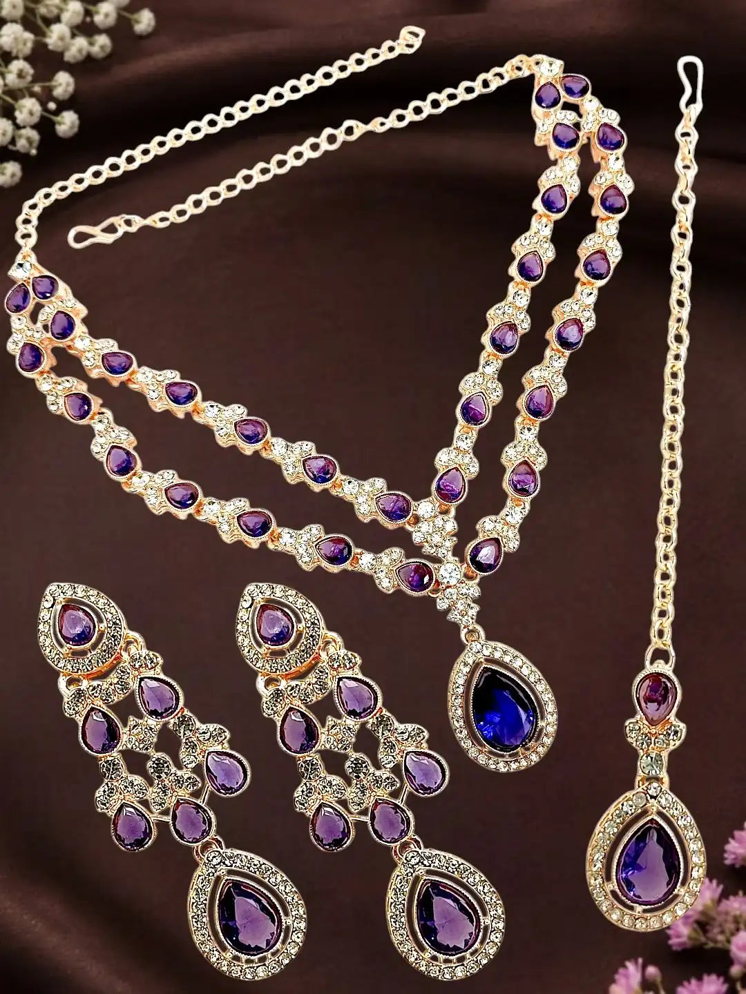 Gold Plated CZ Purple Layered Necklace Set with Matching Earrings and Maang Tikka