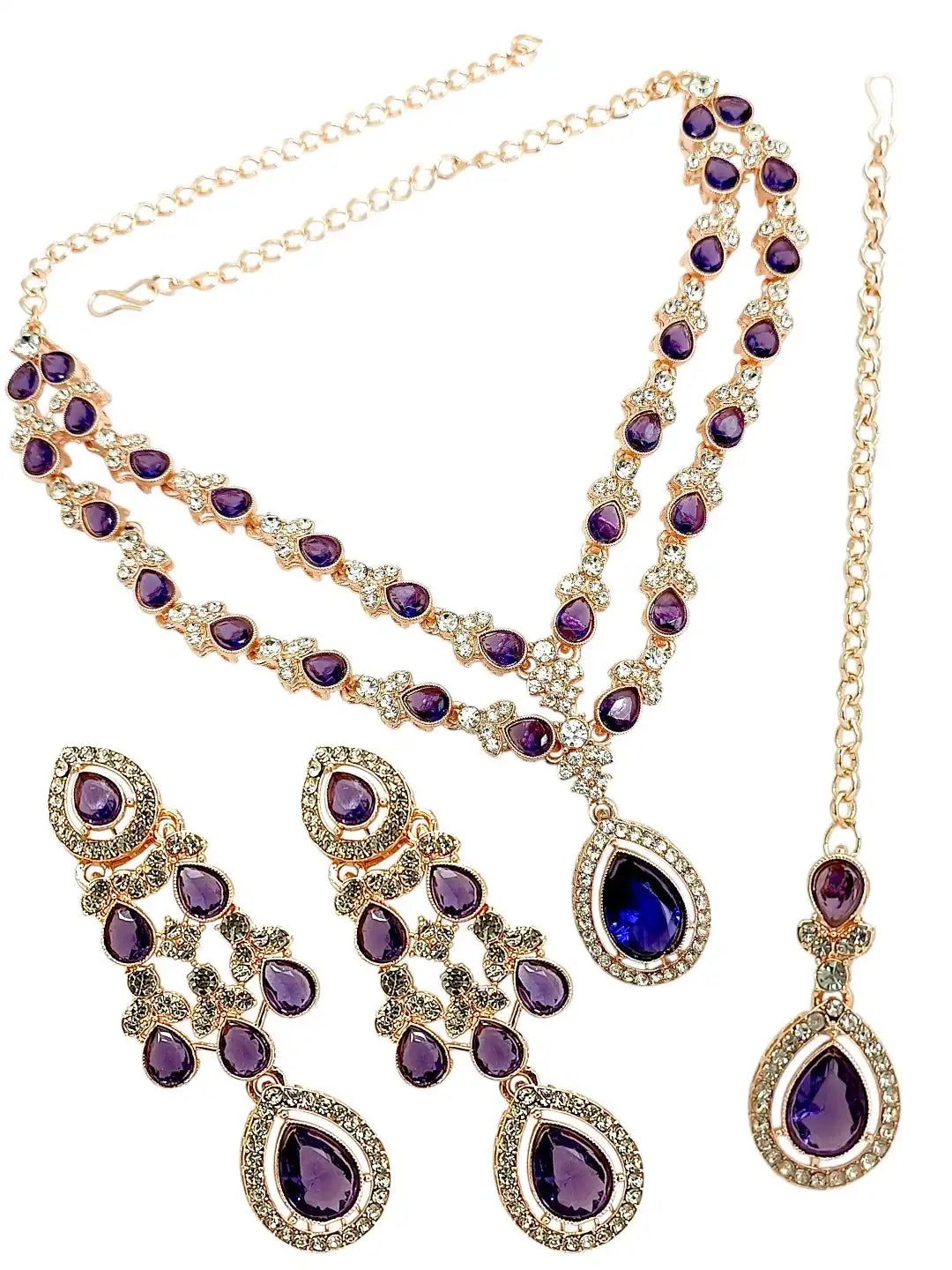 Gold Plated CZ Purple Layered Necklace Set with Matching Earrings and Maang Tikka