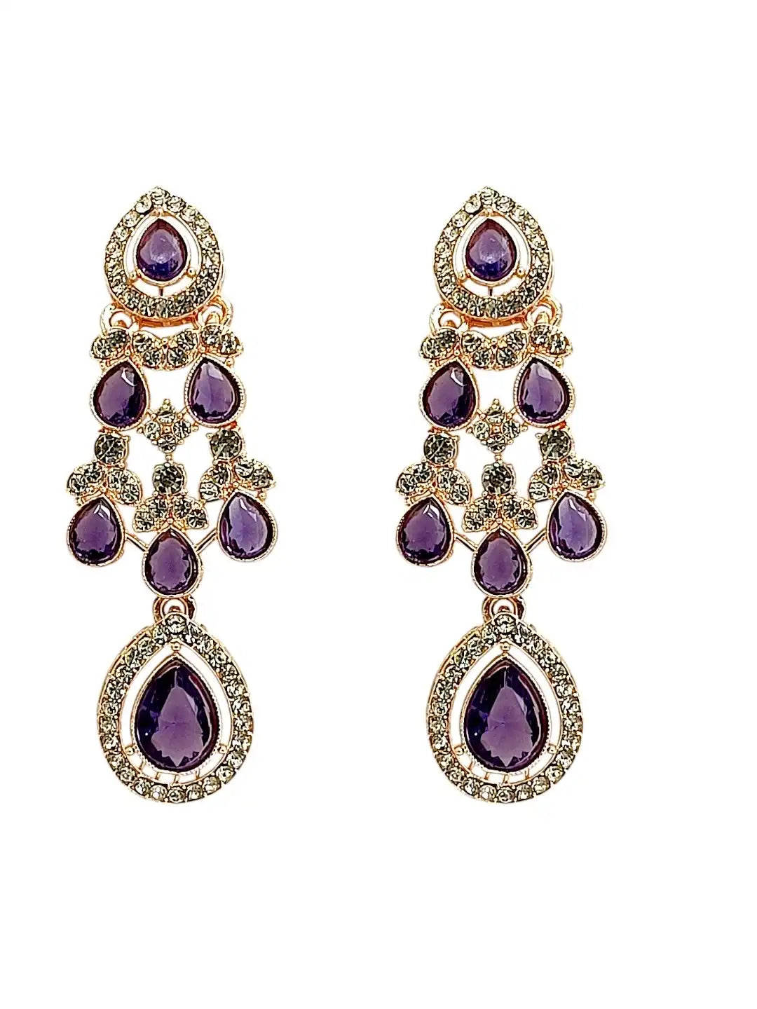 Gold Plated CZ Purple Layered Necklace Set with Matching Earrings and Maang Tikka