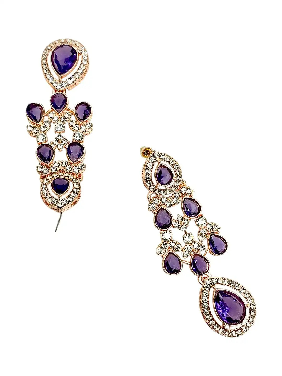 Gold Plated CZ Purple Layered Necklace Set with Matching Earrings and Maang Tikka