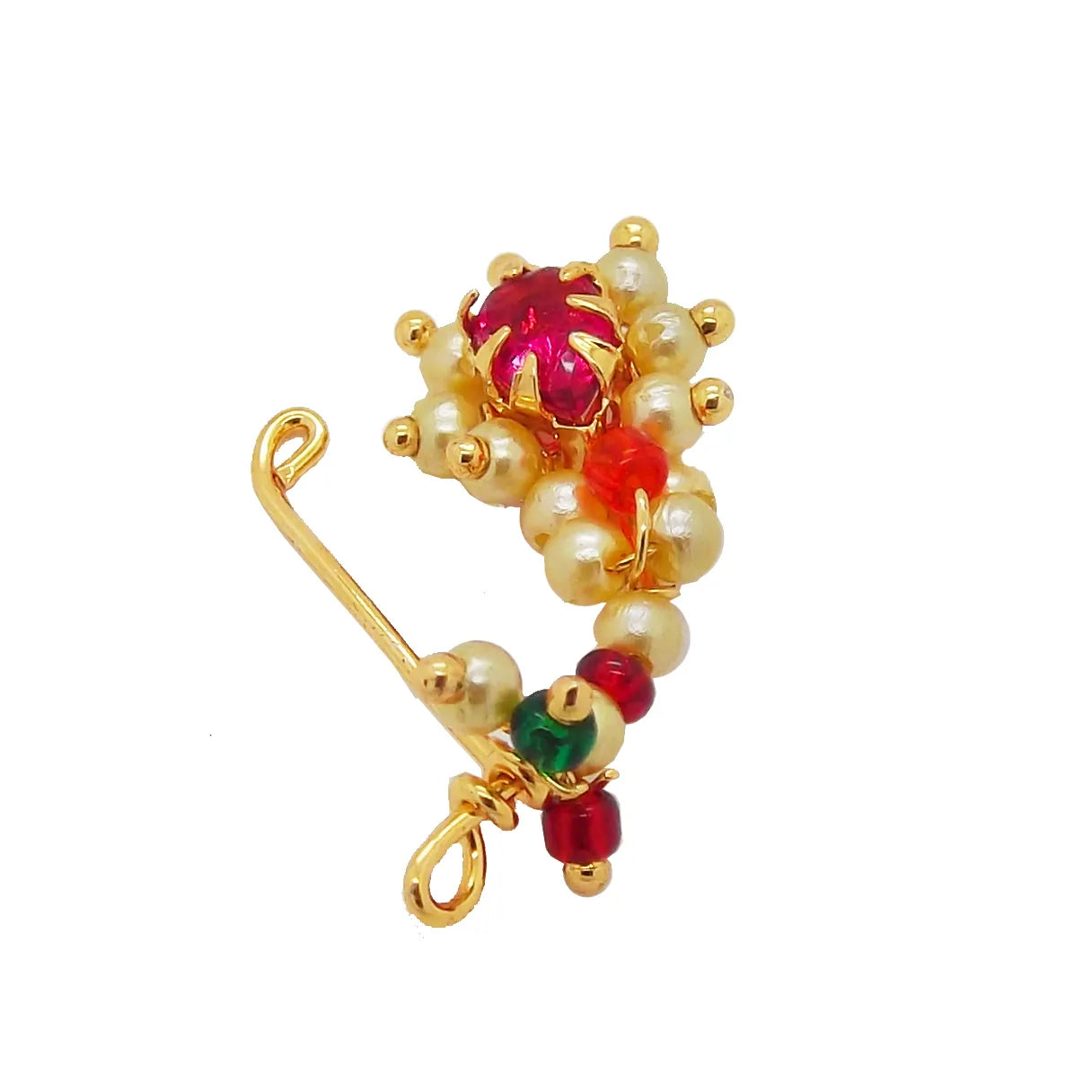 Gold-Plated Red and White Beads Studded Nosepin