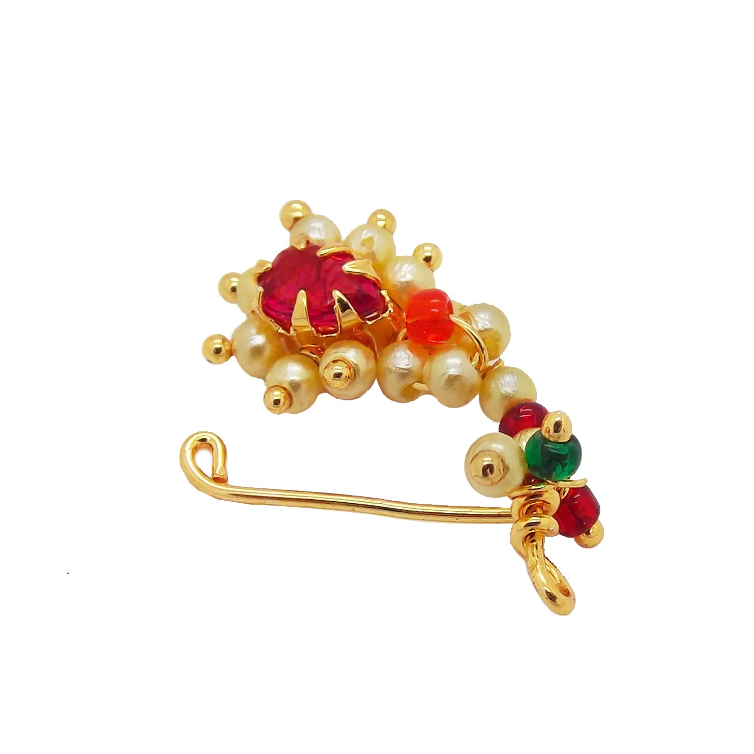 Gold-Plated Red and White Beads Studded Nosepin