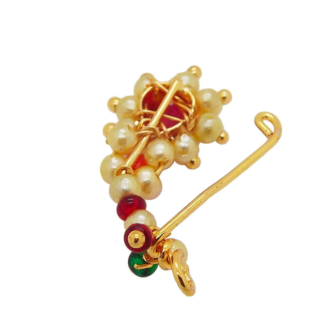 Gold-Plated Red and White Beads Studded Nosepin